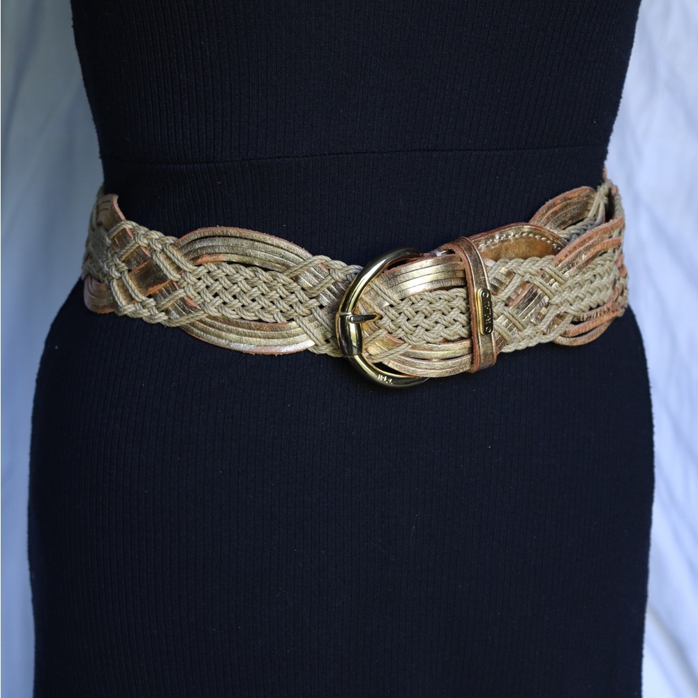 Lauren Ralph Lauren Woven Tan Belt with Gold Buckle
